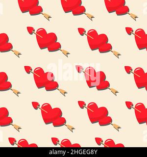 Zwei rote Herzen und ein Pfeil. Vektor-Muster in einem flachen Stil. Einfaches, nahtloses Muster. Valentinstag Hintergrund. Stock Vektor