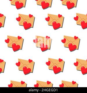 Ein Brief und drei rote Herzen. Vektor-Muster in einem flachen Stil. Einfaches, nahtloses Muster. Valentinstag Hintergrund. Stock Vektor