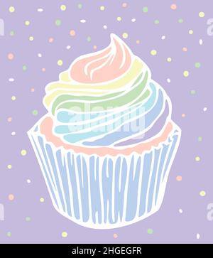 Vektor-Illustration von Cupcake mit Regenbogencreme auf der Oberseite. Handgezeichneter Cupcake. Stock Vektor