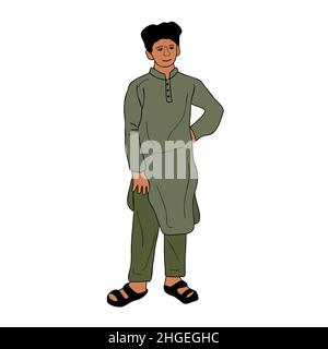 Pakistanischer junger Mann mit dem Shalwar Kameez-Porträt, Junge in traditionellem muslimischen Tuch in freier Pose Vektorgrafik Stock Vektor