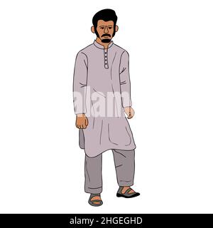 Junger pakistanischer Mann mit Schalwar Kameez, Kurta. Südasien traditionelles Kleid, muslime männliche Tuch Vektor-Illustration Stock Vektor