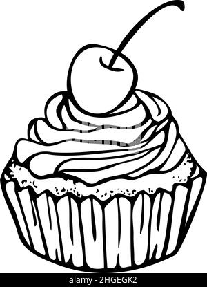 Vektor-Illustration von schwarzen und weißen Cupcake mit Kirsche auf der Oberseite. Design für das ausmalen. Stock Vektor