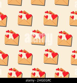 Ein offener Umschlag und rote Herzen. Vektor-Muster in einem flachen Stil. Einfaches, nahtloses Muster. Valentinstag Hintergrund. Stock Vektor