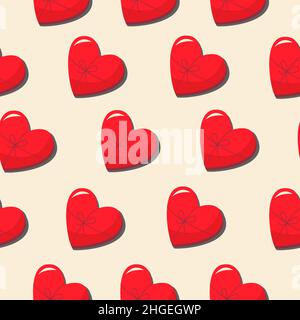 Ein Geschenk in Herzform mit Schleife. Vektor-Muster in einem flachen Stil. Einfaches, nahtloses Muster. Valentinstag Hintergrund. Stock Vektor