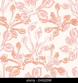Moderne abstrakte wilde Wiese Blume nahtlose Vektor-Muster Hintergrund. Hintergrund mit Kunstlino-Druck, überlappenden Blumen und überblendeten Texturumrissen Stock Vektor