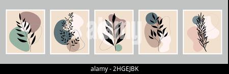 Eine Reihe von Vektorzeichnungen zu einem botanischen Thema. Zeichnung einer Laublinie auf dem Hintergrund mit einer abstrakten Form. Abstraktes Pflanzenkunstdesign. Boho sty Stock Vektor