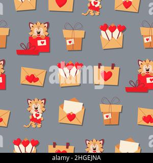 Geschenkverpackung mit Herzen. Vektor-Muster in einem flachen Stil. Einfaches, nahtloses Muster. Valentinstag Hintergrund. Stock Vektor