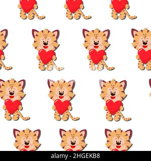 Ein Tiger mit einem roten Herzen. Vektor-Muster in einem flachen Stil. Einfaches, nahtloses Muster. Valentinstag Hintergrund. Stock Vektor
