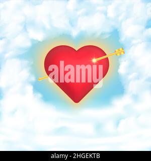 Ein rotes Herz mit einem Pfeil fliegt in den Wolken. 3D Herz. Vektorbild. Stock Vektor