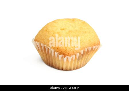 Einzelner gelber Muffin-Cupcake isoliert auf weißem Hintergrund Stockfoto