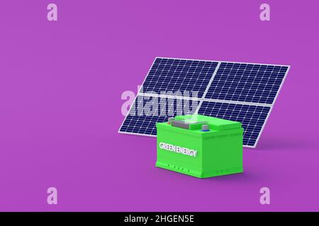 Auto-Batterie mit Beschriftung grüne Energie in der Nähe von Solarzellen. Umweltfreundlicher Strom. Neue Technologien. Umweltschutz. 3D ren Stockfoto