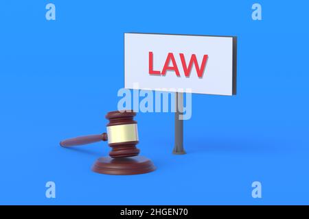 Richter Gavel in der Nähe von Plakatwand mit Wort Gesetz. Informationen über die Reformen des Justizsystems. Bekanntgabe neuer Geldbußen. 3D Rendern Stockfoto