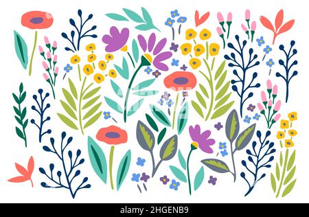 Großer Satz von niedlichen trendigen Blumen und Pflanzenelemente isoliert auf weißem Hintergrund. Stock Vektor