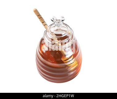 Honig im Glas mit Holzdipper isoliert auf dem Hintergrund. Stockfoto