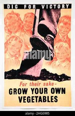 GROSSBRITANNIEN, WW2. Dig for Victory Poster 1940. Im September vom Ministerium für Landwirtschaft und Fischerei während des Zweiten Weltkriegs ins Leben gerufen. Stockfoto