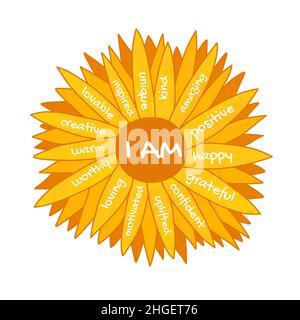 Ich bin Affirmationen Kamillenblume. Selbstliebe Konzept für Frauen Empowerment. Positive positive positive Selbstgespräche zur Motivation. Stockfoto