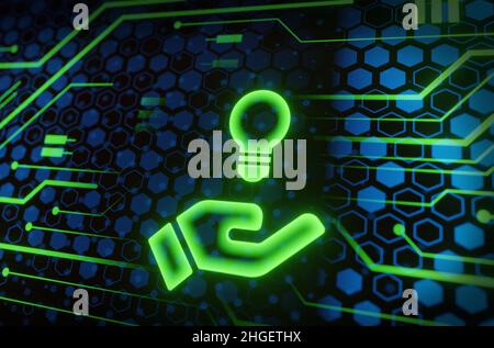 Idea Glühbirne auf Blockchain-Technologie-Netzwerk hud Hintergrund. Globales Blockchain-Business-Banner-Konzept für Kryptowährungen. Lampe symbolisiert Inspiration, Stockfoto