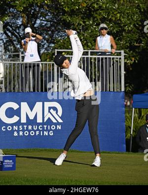 Orlando, Usa. 20th Januar 2022. Michelle wie West startet am Donnerstag, den 20. Januar 2022, bei der ersten Runde des Hilton Grand Vacations Tournament of Champions des LPGA 2022 im Lake Nona Golf and Country Club in Orlando, Florida. Quelle: UPI/Alamy Live News Stockfoto