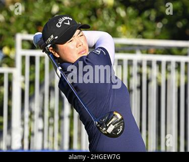 Orlando, Usa. 20th Januar 2022. Yuka Saso von den Philippinen startet am Donnerstag, den 20. Januar 2022, bei der ersten Runde des Hilton Grand Vacations Tournament of Champions des LPGA 2022 im Lake Nona Golf and Country Club in Orlando, Florida. Quelle: UPI/Alamy Live News Stockfoto