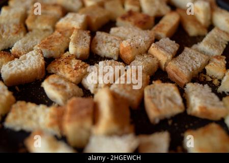 Zwieback in der Pfanne. Hausgemachtes geröstetes Brot, Croutons. Brot in Salz, Pfeffer, Gewürz, knackiger Salat. Stockfoto