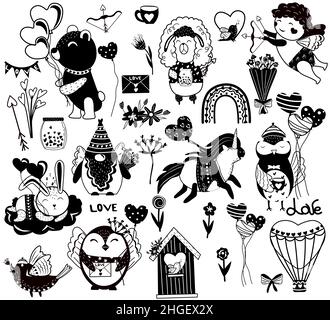 Schwarz-Weiß-Set zum Valentinstag, niedliches Kaninchen, glückliche Tiere, Amor, Vögel, Blumen. Nette Illustration für Ihre Scrapbooking-Design, Banner, Karten, Poster. Vektorgrafik. Stock Vektor