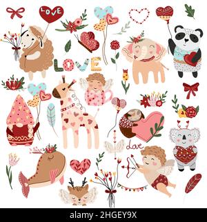 Großes Set zum Valentinstag, glückliche Tiere, Amor, Gnom, Luftballons, Blumen. Nette Illustration für Ihre Scrapbooking-Design, Banner, Karten, Poster. Vektorgrafik Stock Vektor