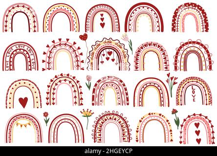 Farbenfrohe Regenbogen im Boho-Stil. Es gibt Herzen, Blumen, Ballons wie Concept Wedding und Valentinstag. Regenbogen-Set für Banner, Karten, Poster. Vektorgrafik. Stock Vektor