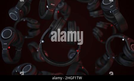 Drehbare Kopfhörer. Grauer Kopfhörerdraht isoliert auf transparentem Hintergrund 3D Abbildung rendern rotierende nahtlose Loop-Animation. Stockfoto