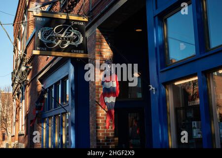 Das Äußere des Browne Trading Market in Portland, Maine. Stockfoto