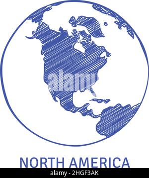 Nordamerika Kontinent auf Erdplanetenkarte. Handgezeichnete Skizze Stock Vektor