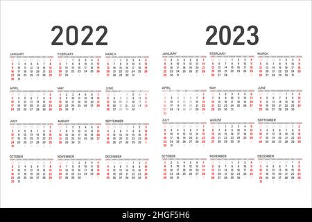 Kalender für 2022 und 2023. Kalender auf weißem Hintergrund. Der Kalender beginnt am Sonntag Stock Vektor
