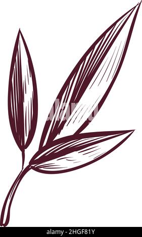 Stich mit Baumzweig. Drei Blätter im handgezeichneten Stil Stock Vektor