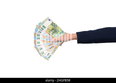 Mann Hand mit Euro-Bargeld isoliert auf weißem Hintergrund Stockfoto