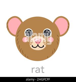 Ratte nettes Porträt mit Name Text Lächeln Kopf Cartoon Maus Avatar runde Form Tiergesicht, isolierte Vektor-Symbol Illustrationen. Flaches einfaches handgezeichnetes Poster für Kinder, Karten, T-Shirts, Babykleidung Stock Vektor