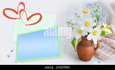 Ein leerer Textrahmen von 3D, Herzen und ein Blumenstrauß in einer Tonvase auf hellem Hintergrund. Valentinstag-Konzept Stockfoto