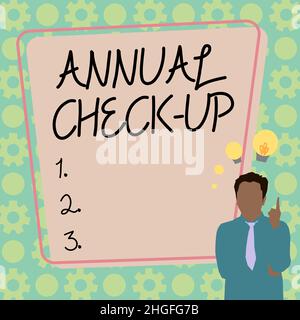Textschild mit jährlichem Checkup, Geschäftsübersicht jährlicher Besuch der reproduktiven Gesundheit bei einem Gesundheitsdienstleister Illustration eines Geschäftsmannes Standin Stockfoto
