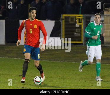 Shamrock Park, Portadown, Nordirland. 22. März 2018. Internationaler Fußball - 2019 UEFA Under 21 Championship Qualifier - Gruppe 2 - Nordirland gegen Spanien. Spaniens Mikel Merino (6) Stockfoto