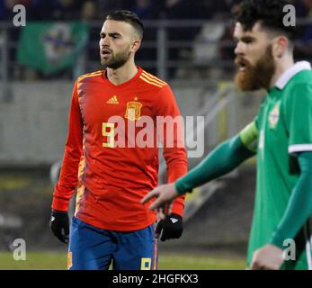 Shamrock Park, Portadown, Nordirland. 22. März 2018. Internationaler Fußball - 2019 UEFA Under 21 Championship Qualifier - Gruppe 2 - Nordirland gegen Spanien. Spaniens Borja Mayoral (9) Stockfoto