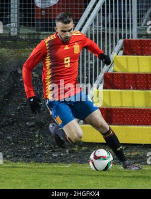 Shamrock Park, Portadown, Nordirland. 22. März 2018. Internationaler Fußball - 2019 UEFA Under 21 Championship Qualifier - Gruppe 2 - Nordirland gegen Spanien. Spaniens Borja Mayoral (9) Stockfoto