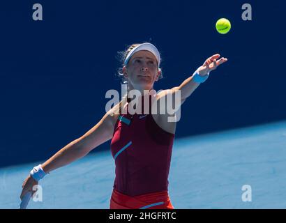 Melbourne, Australien. 21st Januar 2022. Victoria Azarenka aus Weißrussland ist am 21. Januar 2022 beim dritten Frauenspiel gegen Elina Svitolina aus der Ukraine bei den Australian Open im Melbourne Park in Melbourne, Australien, vertreten. Quelle: Hu Jingchen/Xinhua/Alamy Live News Stockfoto