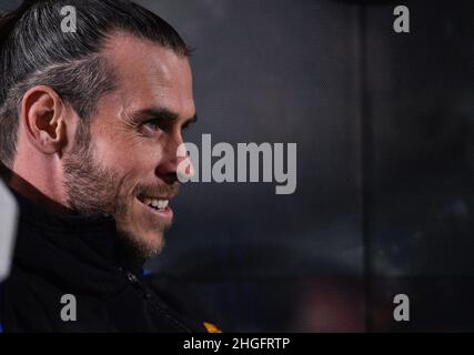 (220121) -- ELCHE, 21. Januar 2022 (Xinhua) -- Gareth Bale von Real Madrid reagiert vor dem spanischen King's Cup-Spiel 16 zwischen Elche CF und Real Madrid am 20. Januar 2022 in Elche, Spanien. Real Madrid gewann 2:1. (str/Xinhua) Quelle: Xinhua/Alamy Live News Stockfoto