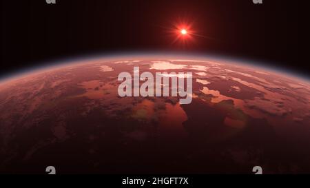 TRAPPIST-1D Horizont und Atmosphäre - Alien Livable habitable Exoplanet umkreist das Rote Zwergsternensystem im Weltraum Stockfoto