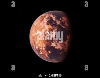 TRAPPIST-1D lebenswerter bewohnbarer Exoplanet mit Monden im Weltraum Stockfoto