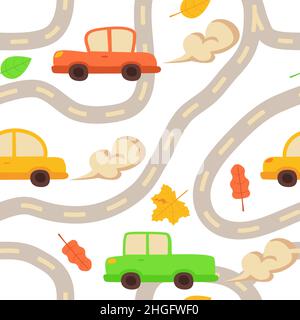 Spielzeugautos auf der Straße nahtloses Muster in flachem Cartoon-Stil auf Weiß. Handgezeichnete Kinder Kindergarten Tapete drucken. Nettes Transportkonzept Stock Vektor