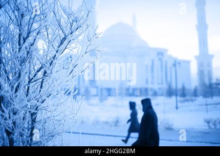 Baum bedeckt mit Reif an einem Wintermorgen und vorbeiziehende Menschen. Stockfoto