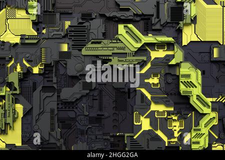 3D Abbildung Nahaufnahme einer militärischen technologischen Polsterung aus Metall, ein Muster in Form eines Metalls, technologische Beschichtung eines Raumschiffs Stockfoto