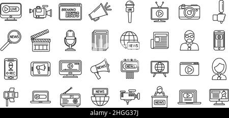 Symbole für die Darstellung von Überzeichnungen legen den Umrissvektor fest. Interview-News. Kamera-tv Stock Vektor
