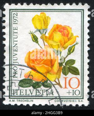 SCHWEIZ - UM 1972: Briefmarke gedruckt von der Schweiz, zeigt Blumenrose, um 1972. Stockfoto