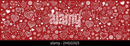 Valentine's Hearts Doodle Banner Vektor horizontalen roten Hintergrund mit Herzen modernen handgezeichneten Design. Grafische Ressource mit unterschiedlichen Gruppenelementen Stock Vektor