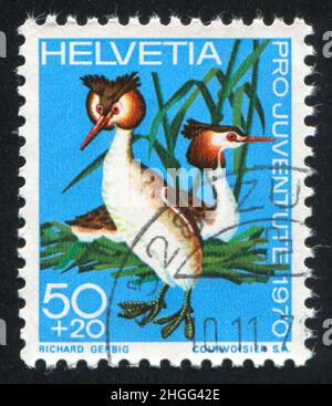 SCHWEIZ - UM 1970: Briefmarke gedruckt von der Schweiz, zeigt Vogel, um 1970. Stockfoto